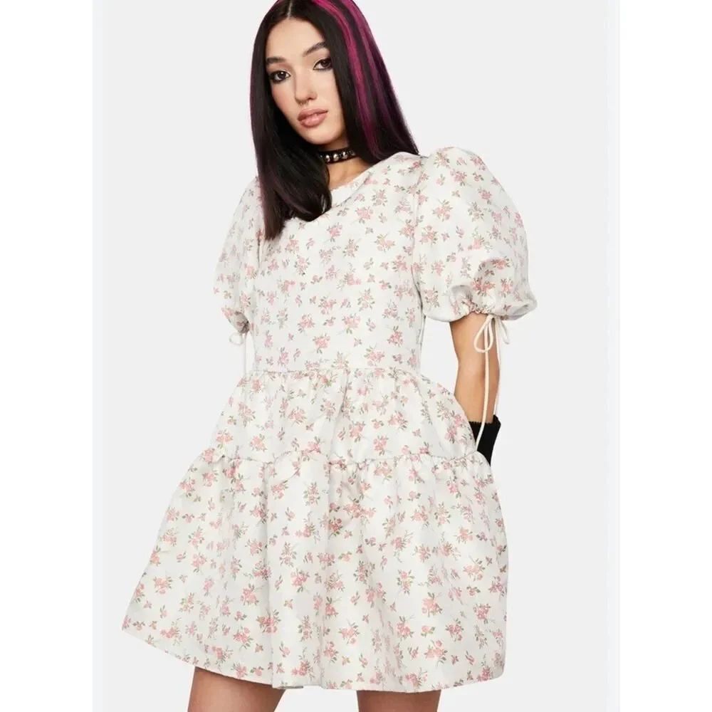 NWT Sister Jane Lola Jacquard Mini Dress Pink Floral Puff Sleeve Open Back M